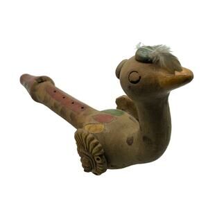 Vintage Mexican Folk Art Bird Handmade Hand painted Clay 12" flute Aztec